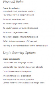 WordFence WordPress Security Settings; Firewall and Login Security